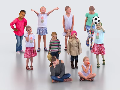 Group of Children Standing Sitting and Posing Together With Soccer Ball 3d model