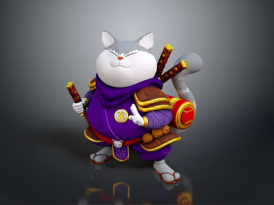 Anthropomorphic Cat Game Movie Character In Purple Outfit With Swords And Decorative Backpack 3d model
