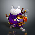 Anthropomorphic Cat Game Movie Character In Purple Outfit With Swords And Decorative Backpack