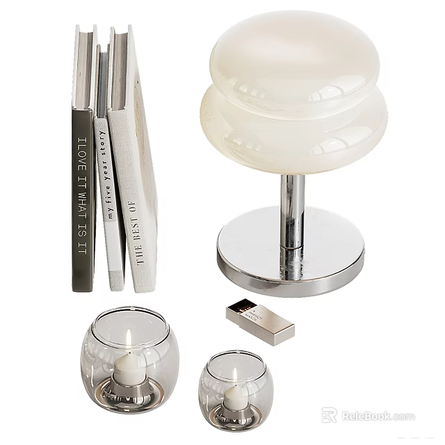 Decorative Ornament Set With White Layered Lamp Decor Books Glass Candle Holders And Silver Box 3d model 