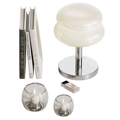 Decorative Ornament Set With White Layered Lamp Decor Books Glass Candle Holders And Silver Box 3d model