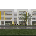 Modern School Building With Yellow And White Exterior Large Windows And People Outside