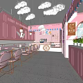 Pink Milk Tea Shop With Cloud Decorations Angel Wing Elements Pink Tables Chairs And Mirror