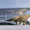 Modern Architectural Building With Curved Roof Glass Facade And Water Reflection In Surrounding Landscape