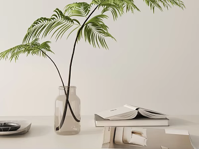 Decorative Ornament Set with Clear Glass Vase Green Leaves and Stacked Books in Minimalist Interior 3d model