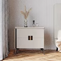 White Bedside Table with Gold Handles and Dried Grass Decor on Striped Wall Wooden Floor