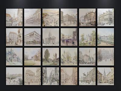 Vintage Oil Paintings of Urban Architectural Street Scenes in Grid Display Arrangement 3d model