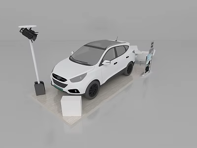 Modern white car exhibition setup with display lights and info stand 3d model