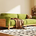 Cozy Living Dining Room Interior With Green Sofa Curtains Black White Rug And Wooden Floor