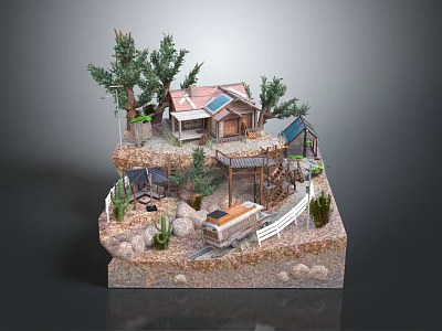 Cartoon Scenic Model With House Solar Panels Trees Cactus Watermill Small Train Rocky Ground Fence 3d model