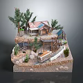 Cartoon Scenic Model With House Solar Panels Trees Cactus Watermill Small Train Rocky Ground Fence