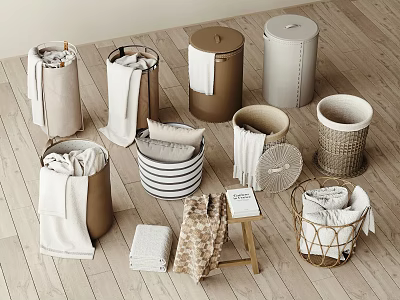 Various Design Storage Bins With Towels And Folded Fabric For Home Organization 3d model