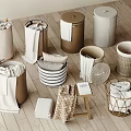 Various Design Storage Bins With Towels And Folded Fabric For Home Organization
