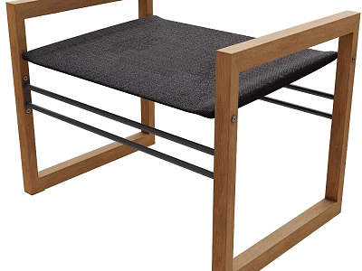 Stylish Wooden Frame Single Chair With Black Cushion And Metal Support 3d model