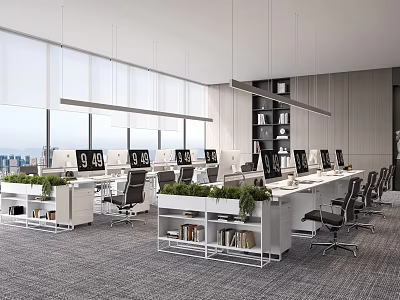 Modern Public Office Space With Desks Computers Green Plants And Large Windows And Bookshelves 3d model