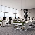 Modern Public Office Space With Desks Computers Green Plants And Large Windows And Bookshelves