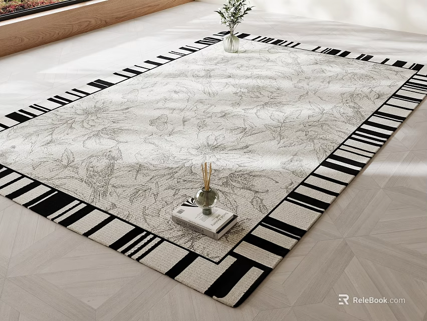 Square Area Rug With Light Floral Pattern And Black White Striped Border On Wooden Floor 3d model 
