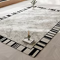 Square Area Rug With Light Floral Pattern And Black White Striped Border On Wooden Floor