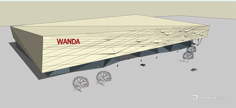 Wanda Commercial Complex Modern Architectural Design With Roof Structure And Surrounding Trees 3d model 