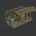 Rustic Wooden Platform Scene With Rail Tracks Stone Wall And Sloped Roof