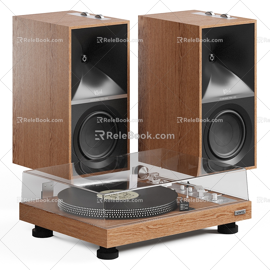 Solid wood audio record player combination 3d model