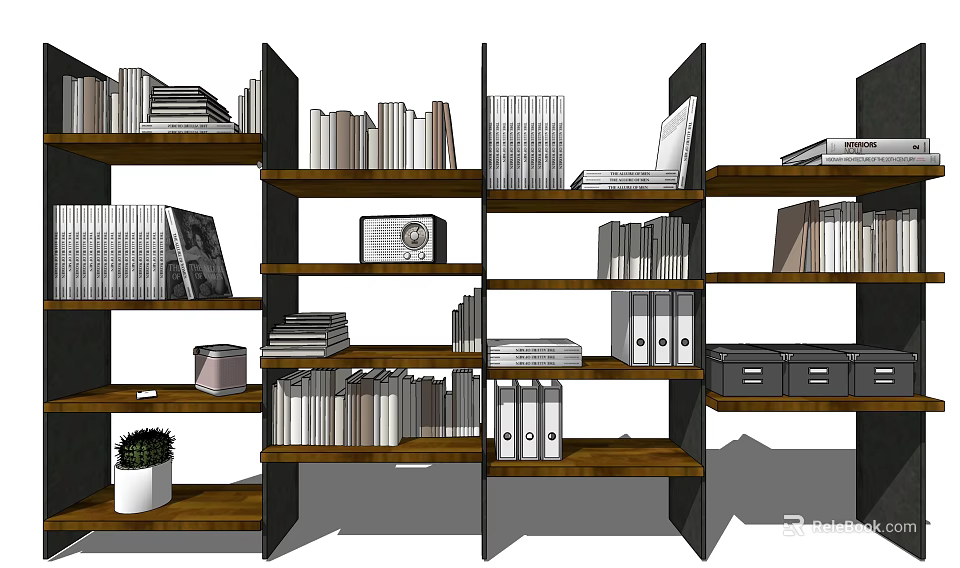Modern Wooden Bookcase With Multiple Shelves Organized Books Files And Decorations 3d model 