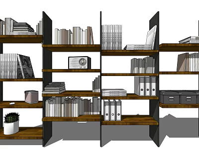 Modern Wooden Bookcase With Multiple Shelves Organized Books Files And Decorations 3d model