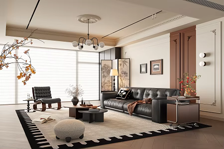 French Middle Style Living Room Sofa Coffee Table Combination Leather Sofa French Retro Sofa Combination French Retro Living Room French Middle Style Coffee Table French Middle Style Leisure Chair 3d model