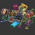 Assorted Colorful Mechanical Parts Featuring Yellow Blue Components And Various Shapes