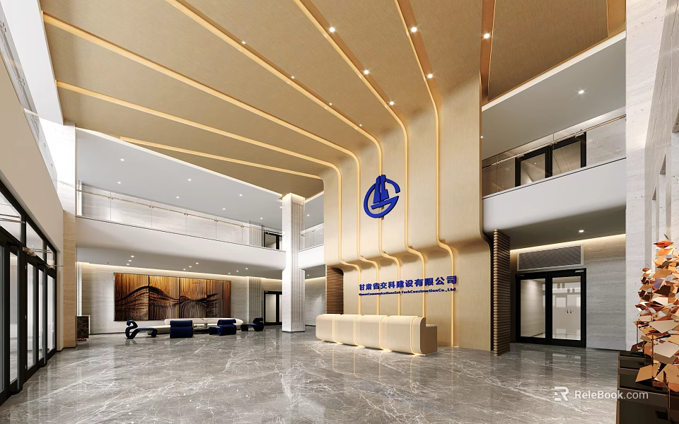 Modern Office Lobby With Spacious Interior Elegant Reception Desk Marble Floor And Company Logo 3d model 