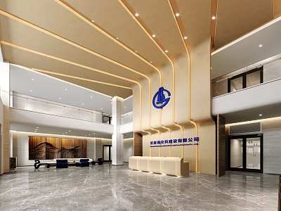 Modern Office Lobby With Spacious Interior Elegant Reception Desk Marble Floor And Company Logo 3d model