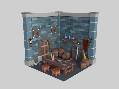 Cartoon Medieval Room Scene With Stone Walls Wooden Door Barrels Table Bottles And Weapons 3d model