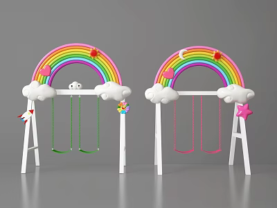 Colorful Rainbow Themed Swings With Cloud Moon Star Decorations And White Stands 3d model