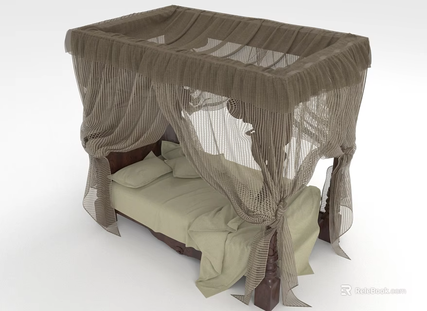 Classic Double Bed With Brown Canopy Beige Bed Sheets And Pillows 3d model 