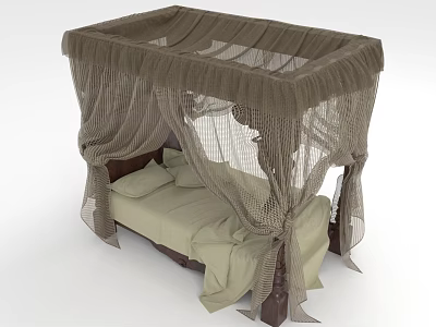 Classic Double Bed With Brown Canopy Beige Bed Sheets And Pillows 3d model