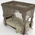 Classic Double Bed With Brown Canopy Beige Bed Sheets And Pillows