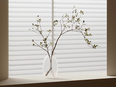 Frosted Vase With Branches On Window Sill By Blinds 3d model