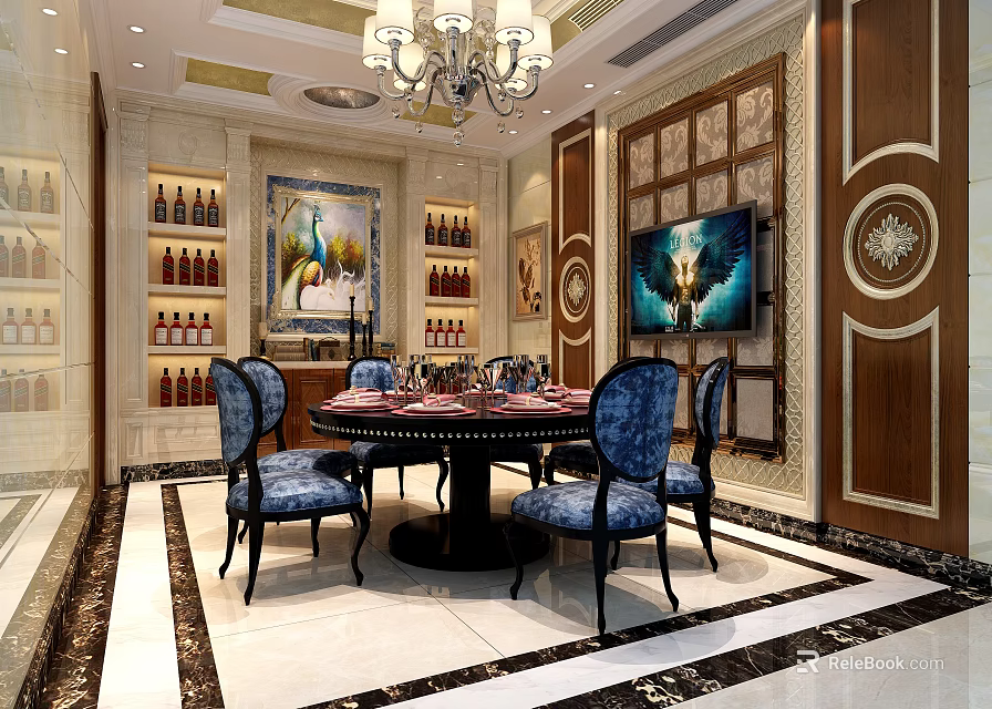 Luxurious Restaurant Interior Design With Chandelier Round Table Blue Chairs And Wine Racks 3d model 