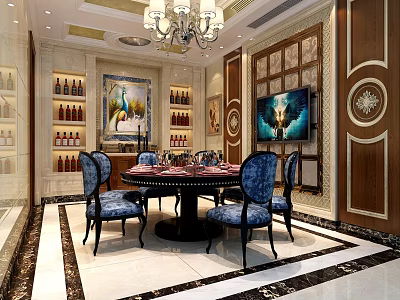 Luxurious Restaurant Interior Design With Chandelier Round Table Blue Chairs And Wine Racks 3d model