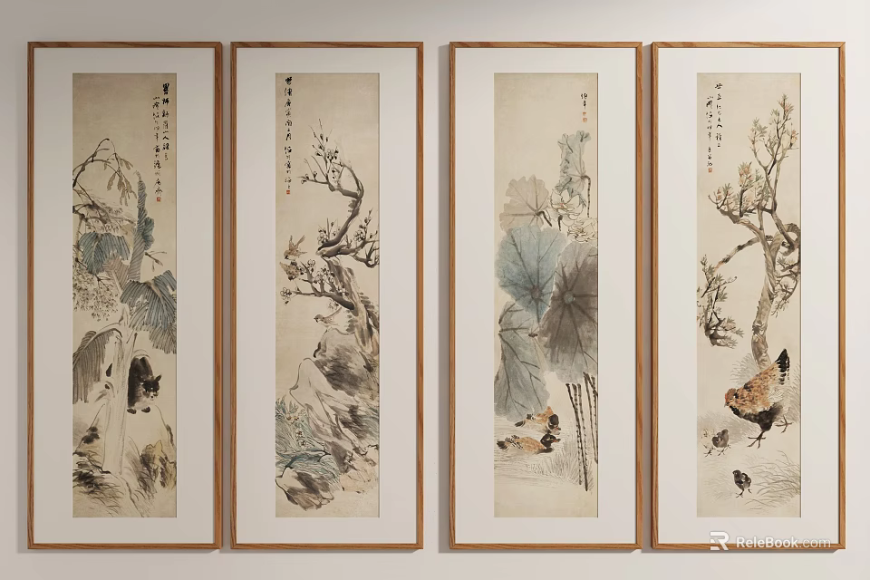 Traditional Chinese Ink Paintings in Golden Frames with Lotus Leaves Roosters and Branches 3d model 