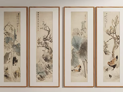 Traditional Chinese Ink Paintings in Golden Frames with Lotus Leaves Roosters and Branches 3d model