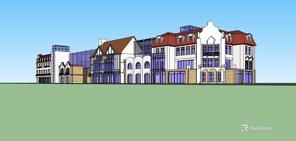 European Style Commercial Street With Red Roofs White Facades And Arched Windows 3d model 