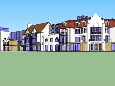 European Style Commercial Street With Red Roofs White Facades And Arched Windows 3d model