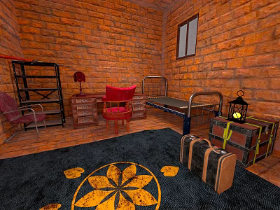 Brick Wall Room Interior With Metal Shelf Red Chair Desk Bed Carpet And Suitcases 3d model