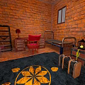 Brick Wall Room Interior With Metal Shelf Red Chair Desk Bed Carpet And Suitcases