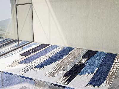 Modern Square Rug With Blue White Gray Striped Abstract Patterns In Bright Interior 3d model