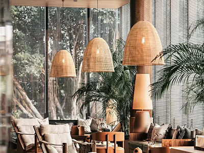 Cozy Casual Lounge Area With Wicker Pendant Lights Green Plants And Trees Outside Windows 3d model