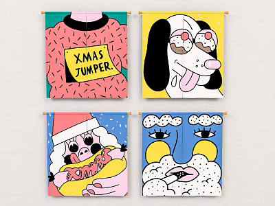 Four Cartoon Wall Art Pieces With XMAS Elements And Various Fun Patterns Hanging On Wall 3d model