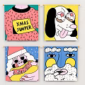 Four Cartoon Wall Art Pieces With XMAS Elements And Various Fun Patterns Hanging On Wall
