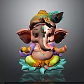 Colorful Ganesha Statue With Elephant Head Headdress Sitting On Lotus Base And Smiling Expression